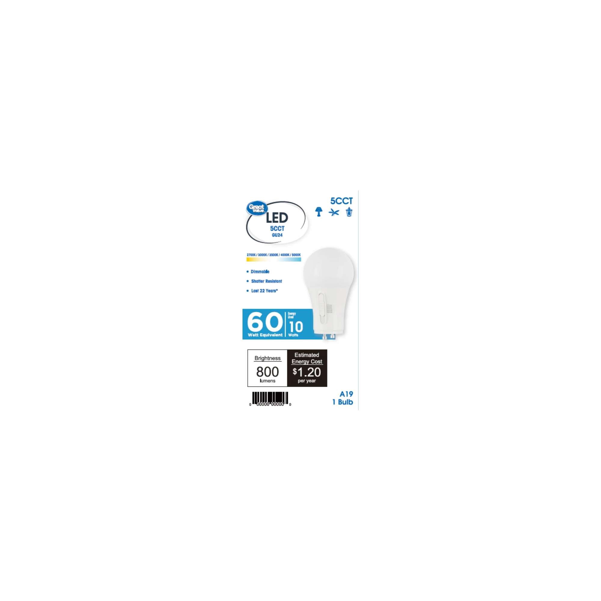 Great Value 10W LED Light Bulb, 60W Equivalent, A19 Lamp, GU24 Base, Dimmable, 1-Pack