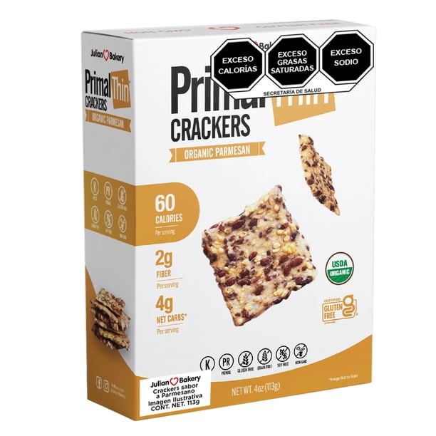 Julian Bakery | Crackers Parmesano | Galleta Nutritiva | Crujiente Sabor | Sin gluten | 113.4 Gramos | Sin Granos