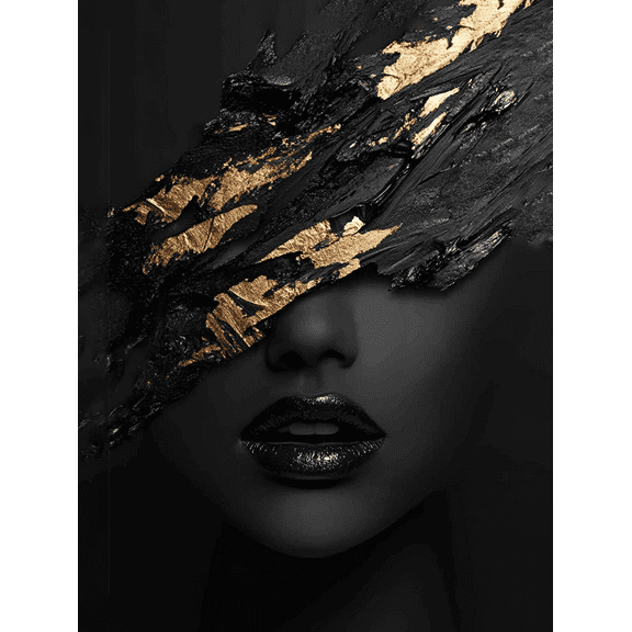 Black Gold Abstract Face Canvas Print/Wall Art， Suitable for Living Room， Bedroom， Office， Bathroom， and Dinning Room Decoration.
