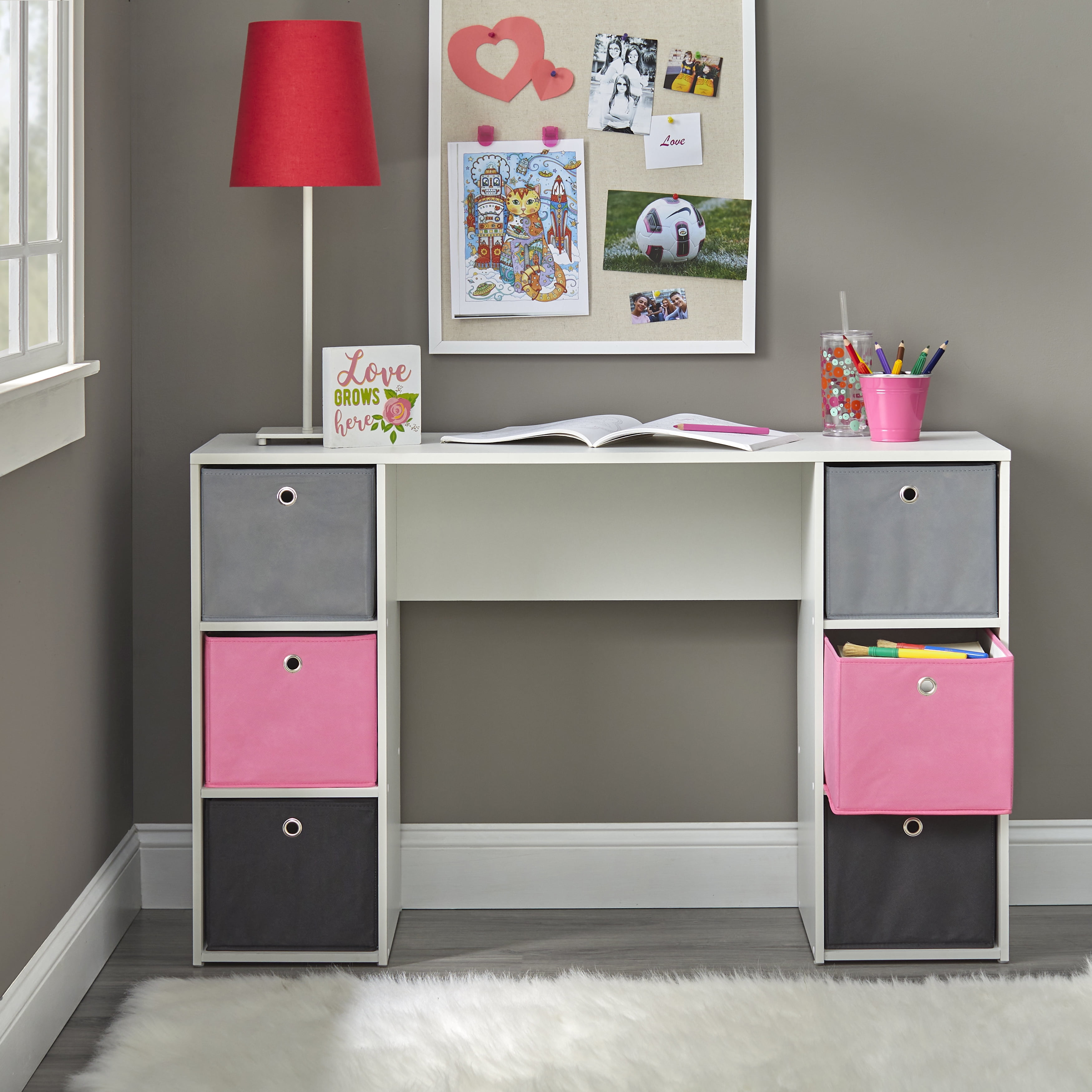 Kids Desk with Six Fabric Storage Bins, Multiple Colors 