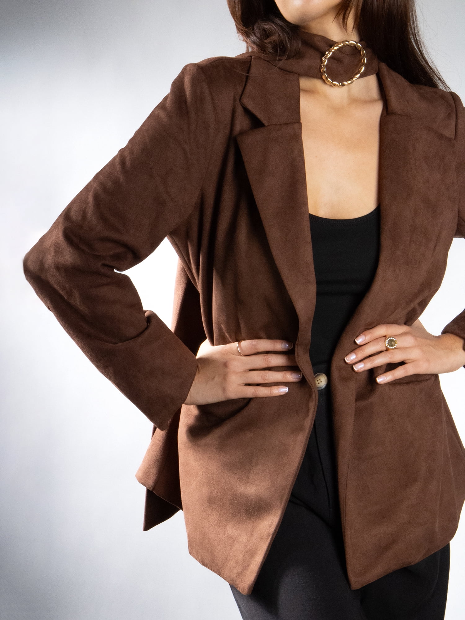 DARING DIVA Women's Elegant Faux Suede Wrap Belt Stylish Design Blazer XL Brown