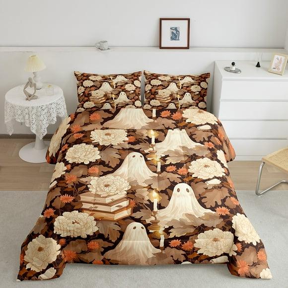 Erosebridal Western Ghost Bedding Sets Twin with Comforter, Vintage Flower Comforter Sets Twin Size, Horror Halloween Reversible Down Comforter, Breathable Room Decoration, 2pcs