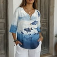 thumbnail image 3 of Xoenoiee Blue Fish Flower Print Cotton Button Down Shirts for Women Business Casual Linen Tops 3/4 Sleeve Work Blouses Spring Outfit, XL, 3 of 7