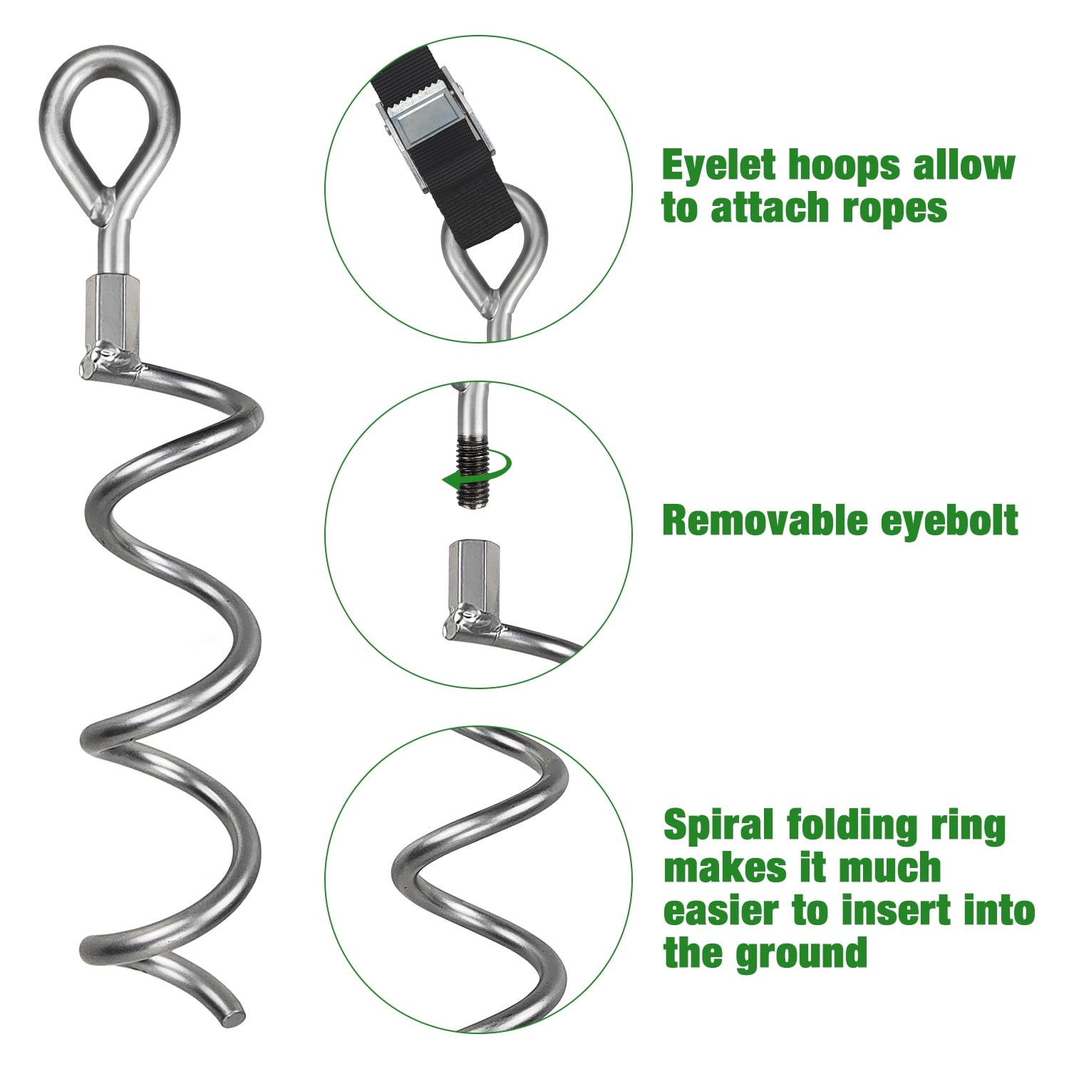 Urban Deco 10.6 Inch Spiral Ground Anchors with T-Hook Silver Spiral Stake Outdoor Heavy Duty Camping Stakes Spiraling Anchor Ground Anchors with 4 Strong Belts for Tent, Trampolines, Sheds, Swings