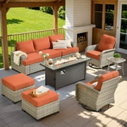 Ovios 9 Pieces Outdoor Patio Sectional Furniture with 54" Gas Propane Fire Pit Table All-Weather Rattan Wicker Conversation Set with Swivel Glider Rocking Chair for Backyard