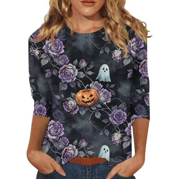 Bovemsi Cute Summer Tops Round‑Neck 3/4‑Sleeve Printed Blouse Fashion Outfits Clothes L