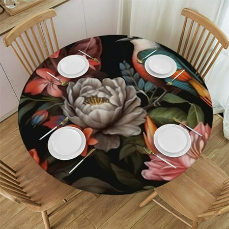

Sheronv Flowers Birds Round Table Cover Stain Resistant Washable Indoor Outdoor Tablecloth Kitchen Dining Wedding Parties 100% Polyester Waterproof 46 -50