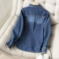 thumbnail image 4 of miqiqism Women Denim Jacket Shirt Teen Girls Casual Fashion Jacket With Pocket Juniors Long Sleeve Basic Shacket Coat Distressed Washed Hem Trendy Jean Jackets,B#01_Blue,Large, 4 of 5