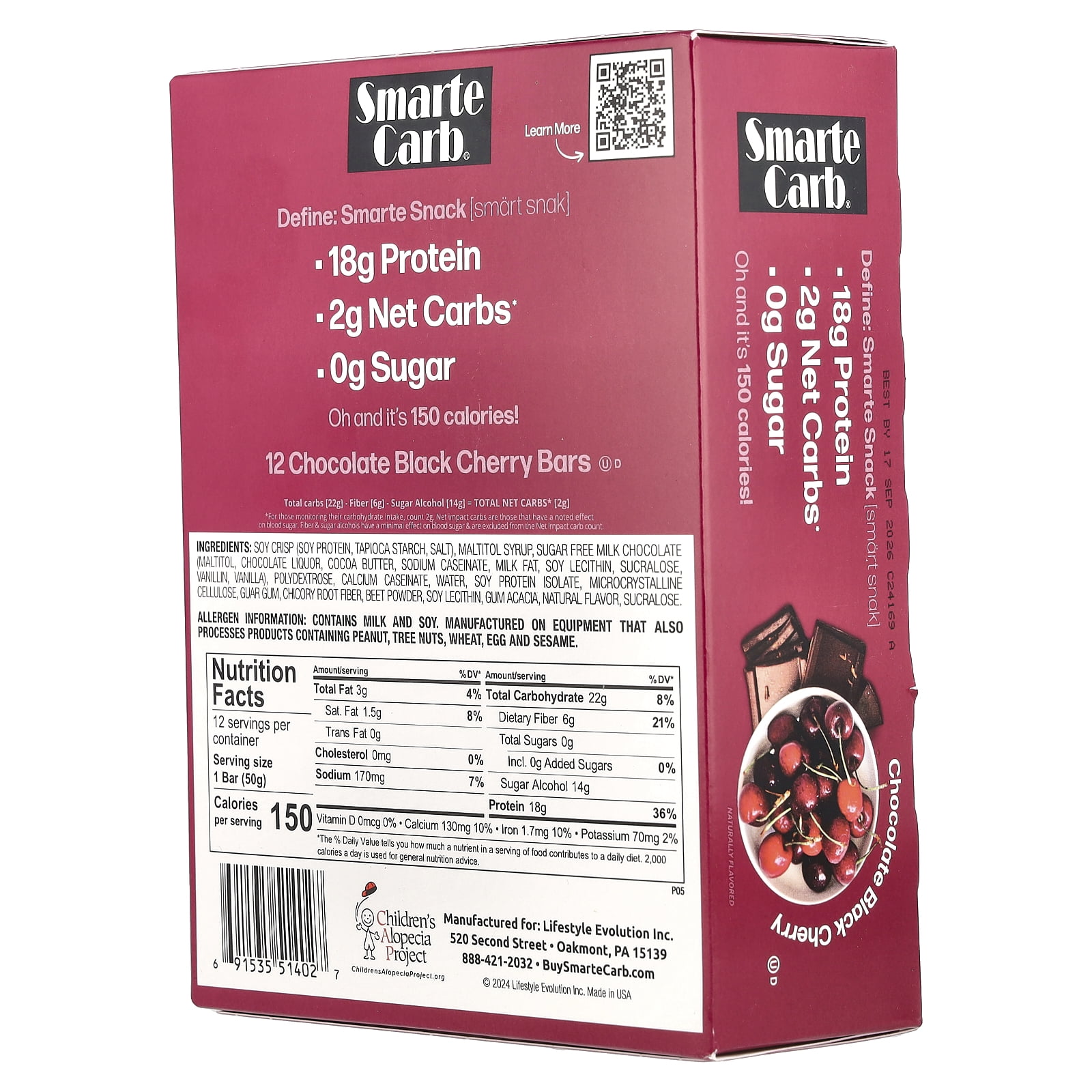 NuGo Smarte Carb Chocolate Black Cherry, 18g Protein, 0g Sugar, 2g Net Carbs, 150 Calorie, 12 Count