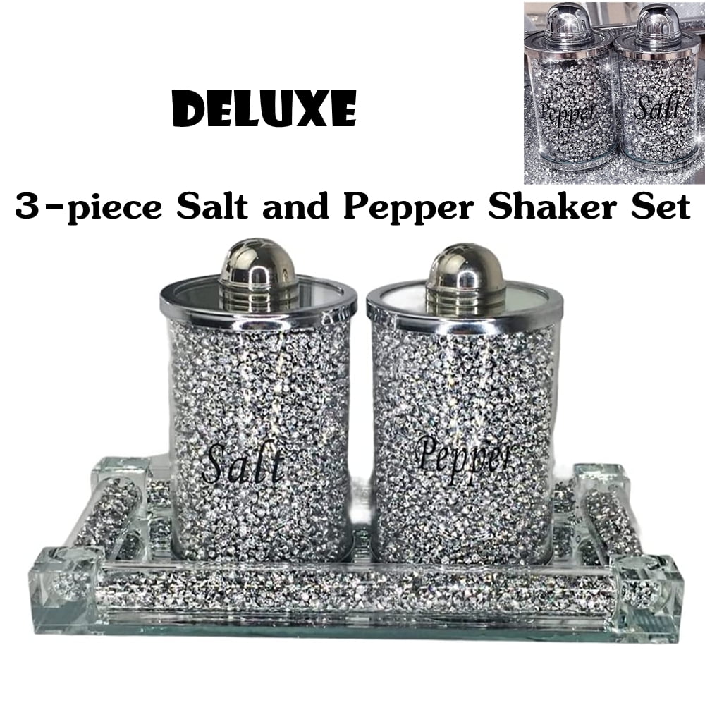 Kitchen Black/silver  Crushed Crystal Diamond Tray With Salt And Pepper Shakers