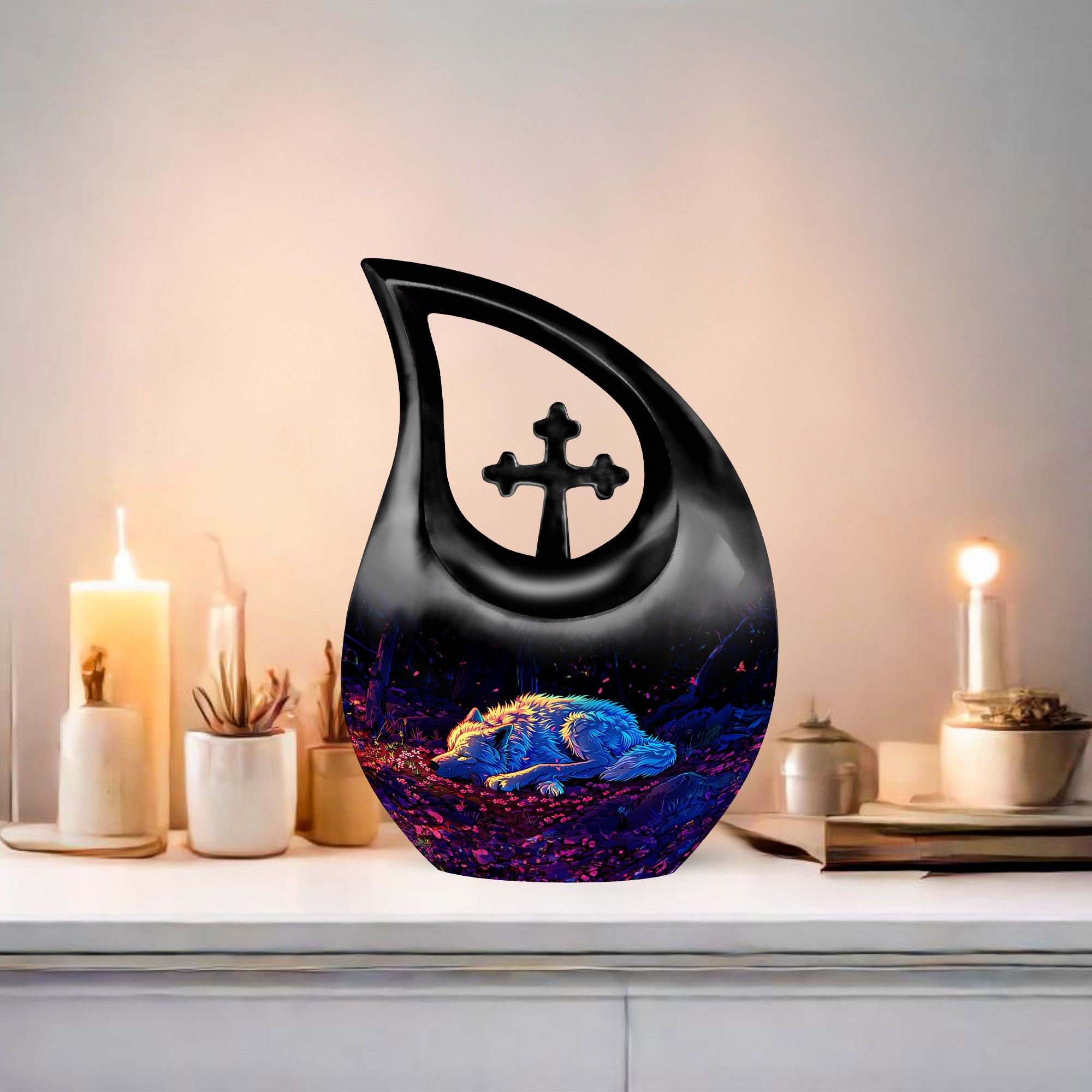 MUKTIVE Resting Wolf Large Urn for Funeral Ashes for Men & Women - Cross Drop Black Burial & Cremation Urns for Human Ashes - Remembrance Gift for Loss for Dad - Cremains Holder, 10 Inches