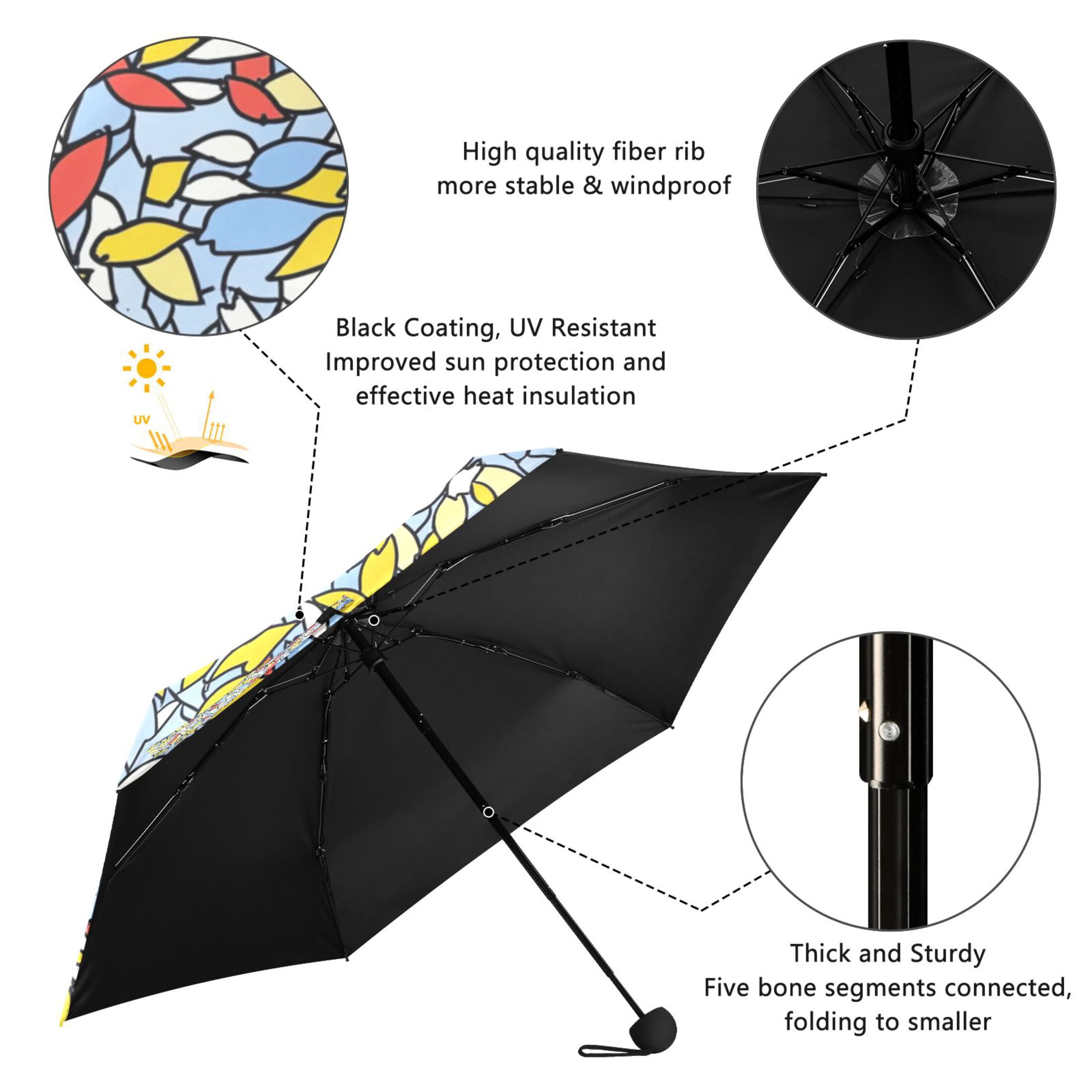 Colorful Leaf Pattern Umbrellas for Sun Auto Open Close UV50+ Waterproof 5-Fold Compact Fiberglass Frame