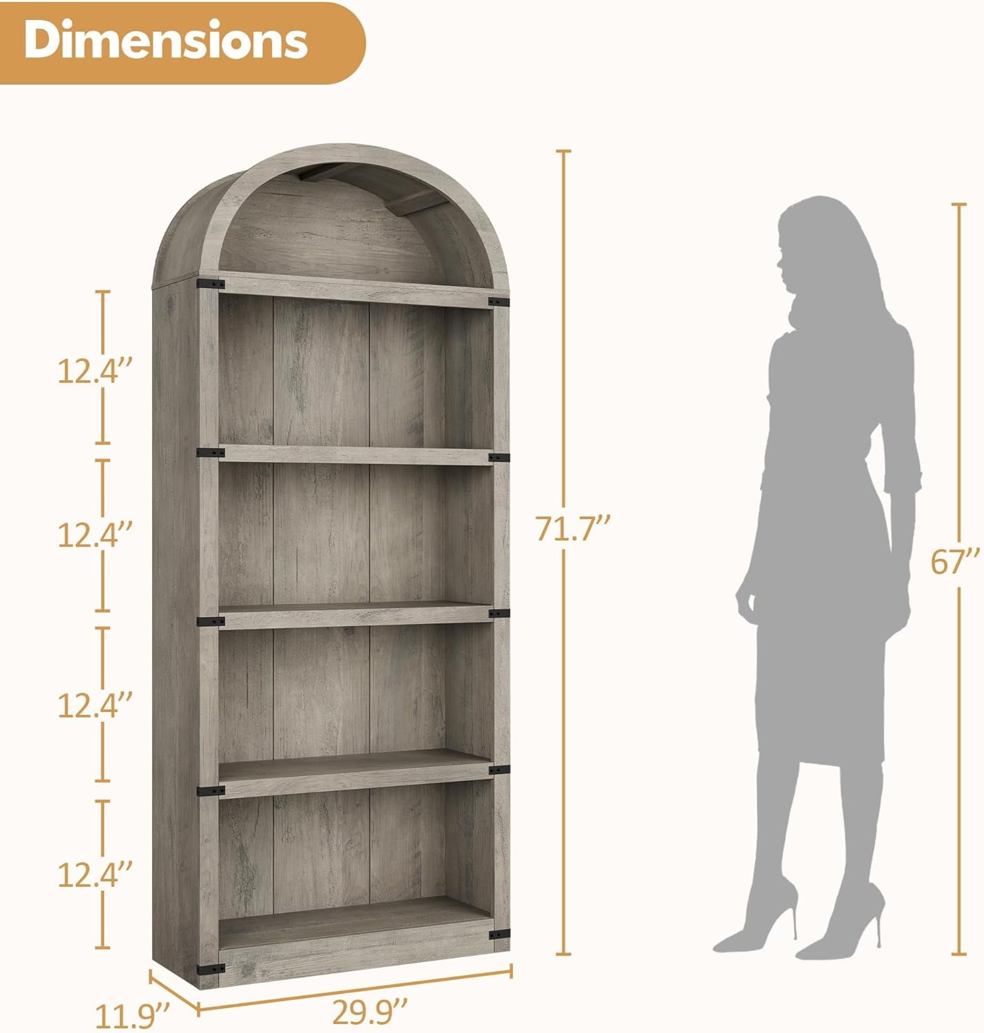 Accreate Bookcase 5 Shelf Arched Bookshelf 71.65in Tall Bookcase Farmhouse Display Storage Rack Wooden Bookshelves for Home office, Living Room