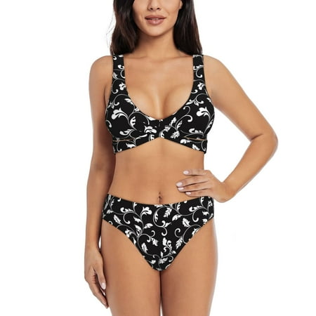 Zeuib Black White Leaves High Waisted Tummy Control Bikini Set - Knot Front Push Up Top & Cheeky Thong Bottom  Two-Piece Swimsuit for Women-Medium