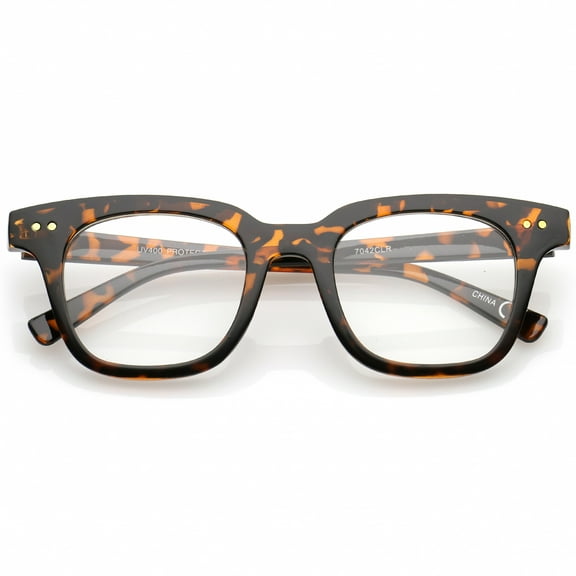 Modern Metal Rivets Square Clear Flat Lens Horn Rimmed Eyeglasses 46mm (Tortoise / Clear)