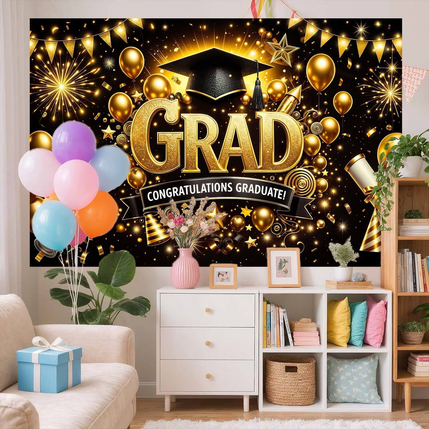 9x6ft Black and Gold Graduation Photography Backdrop, Congratulations Graduate Photo Booth Background with Cap Diploma Balloons, 2026 Grad Party Decor for High School College Graduation Supplies