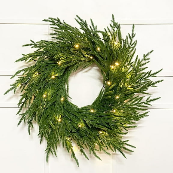 Guvpev 24" Lighted Norfolk Pine Christmas Wreath, Soft & Thick Artificial Christmas Wreaths for Front Door, 50 LED, 70 Pine Branches, Christmas Door Wreath for Wall Window Indoor Outdoor Home Decor