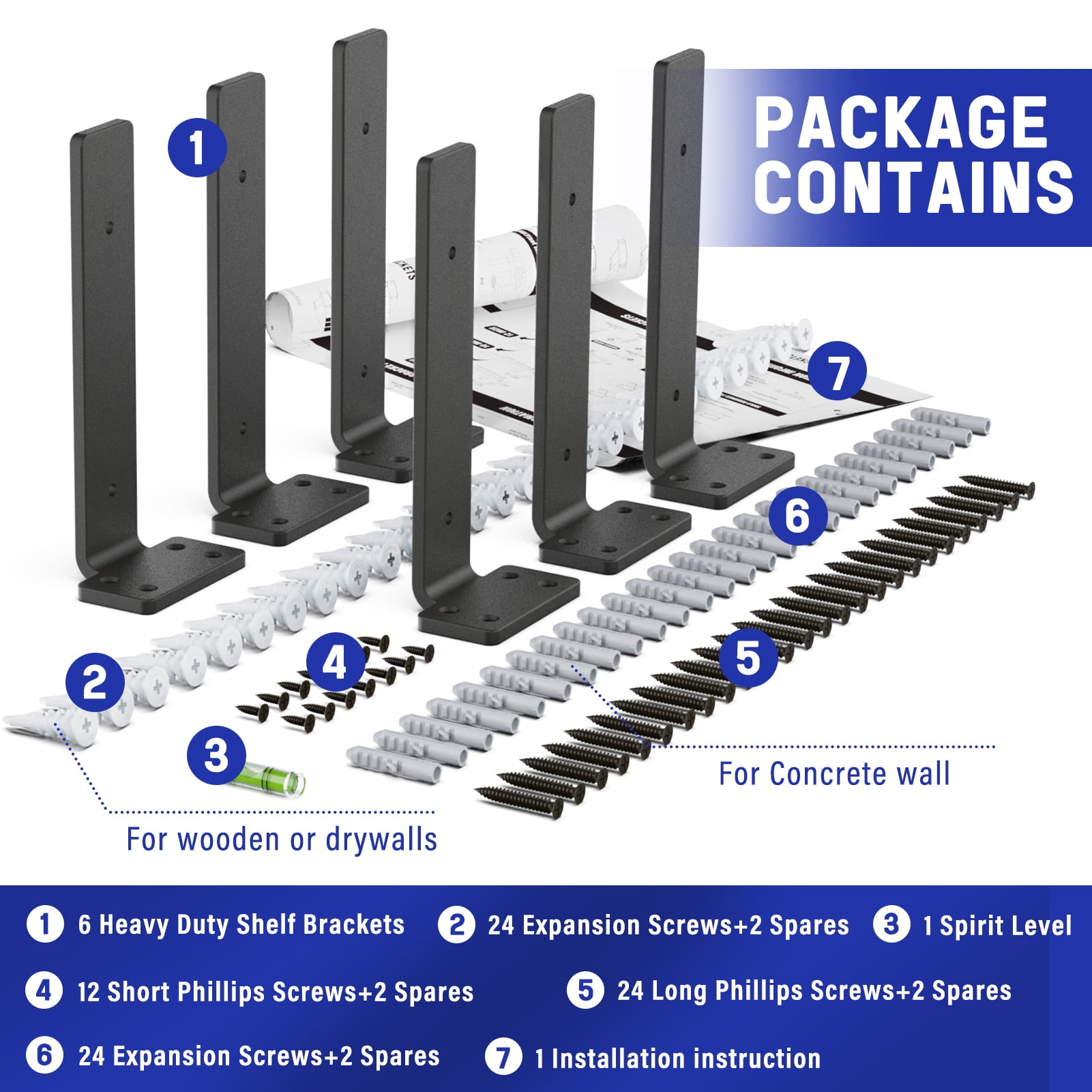 6 Pack Heavy Duty Shelf Bracket, 8 inch Floating Shelf Brackets(1/5"-Thick) Black Metal Wall Shelf Support Brackets, Holds 160+lb