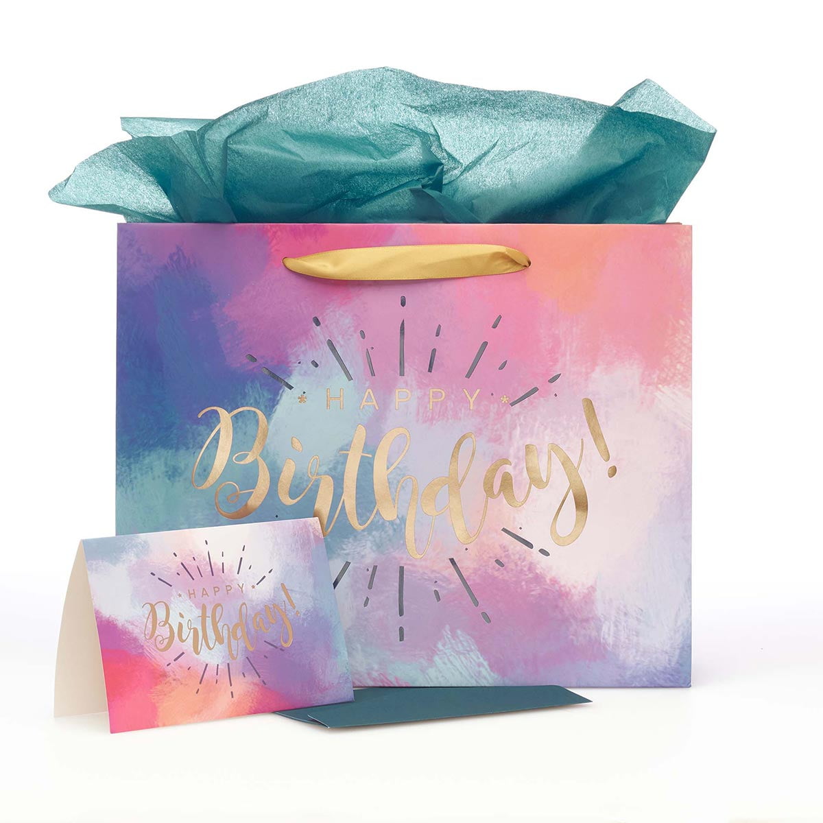 Happy Birthday Women's Large Gift Bag Set w/Card & Tissue Paper Blue Pink Purple Watercolor Design for Her Birthday Inspirational Gift Wrap Bag by With Love, Landscape 10' x 12.5' x 3.9'