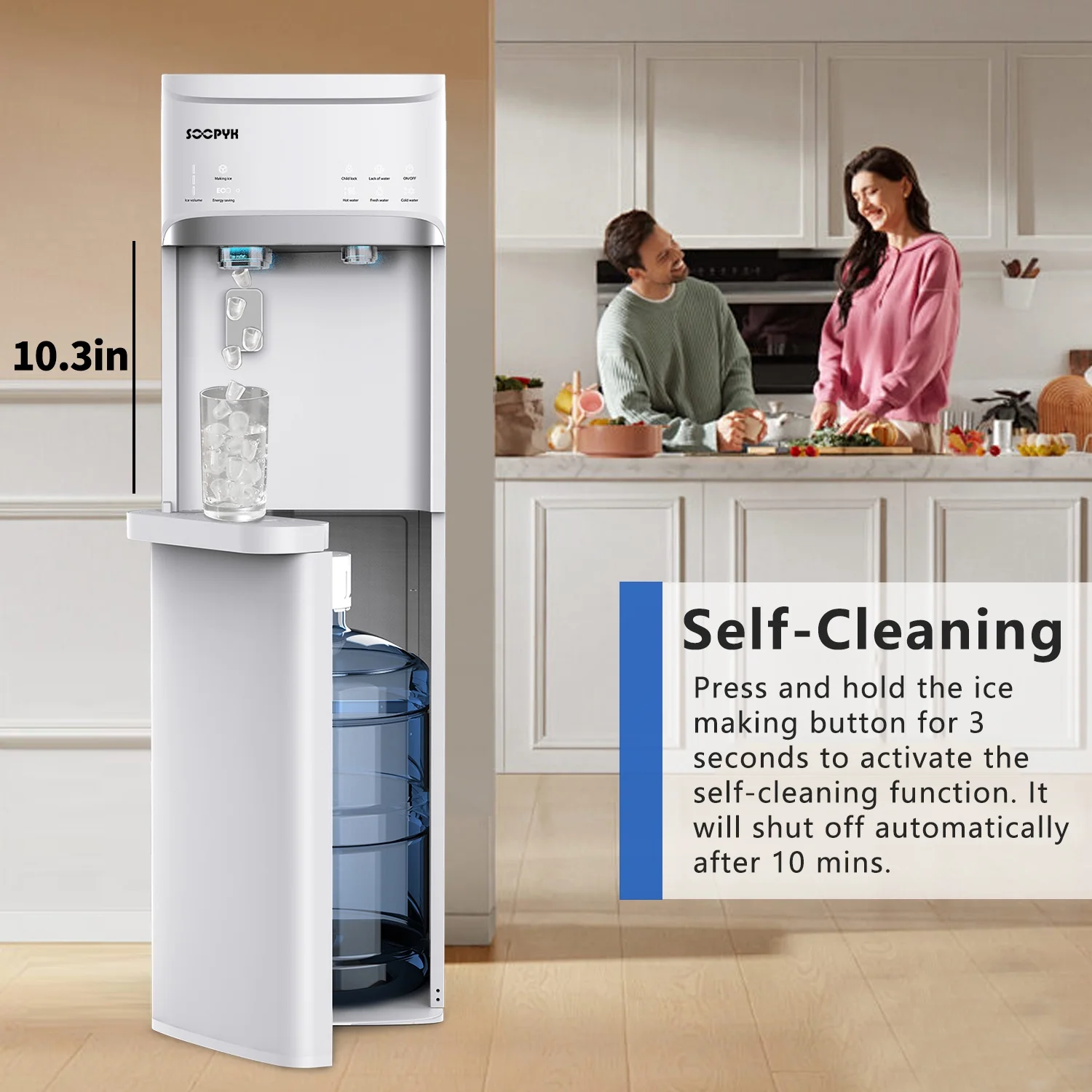 SOOPYK Water Dispenser with Ice Maker Bottom Loader|Fits 5 Gallon Bottles,22lbs Within 24hrs,Water with 3 Temperature,Self-clean & Child Lock,White