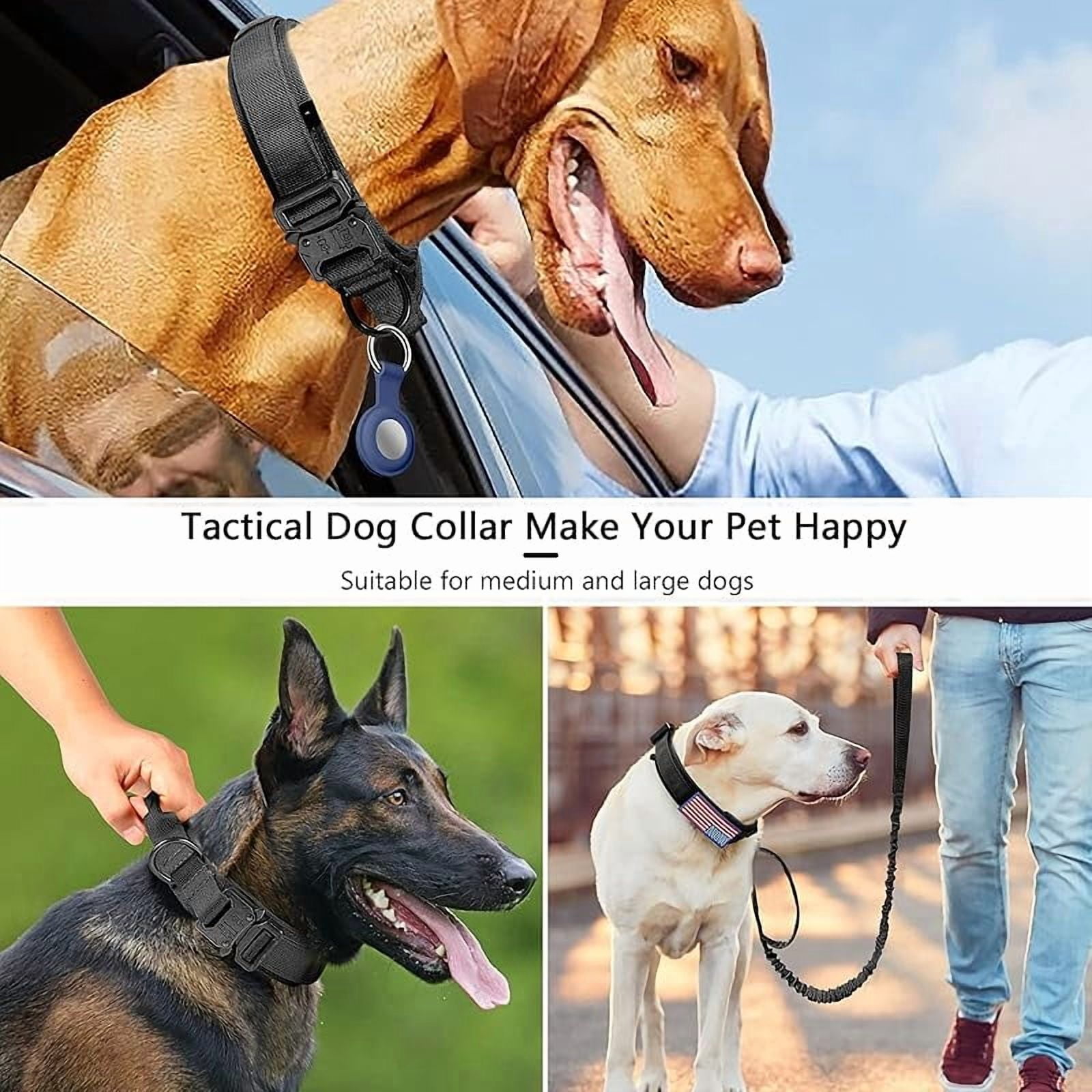 Tactical Dog Collar, Adjustable Military Training Nylon Dog Collar with Control Handle and Heavy Metal Buckle for Medium and Large Dogs, with Patches and Airtags Case (L, Black)