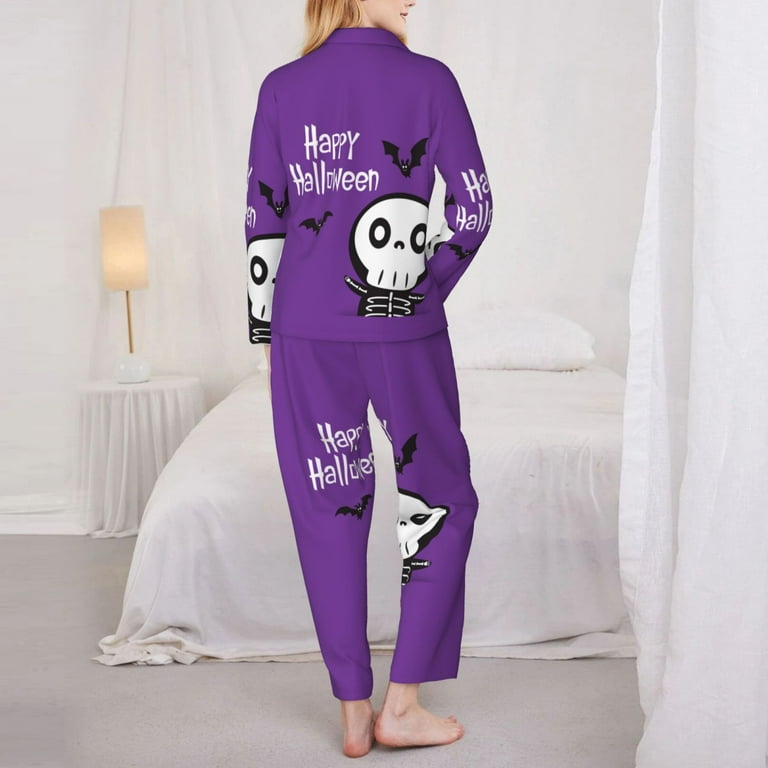 Halloween Pajamas for Women Set Halloween Funny Skeleton Purple Long Sleeve Button Up Pajama Sets for Women 2 Piece Sleepwear Nightwear Halloween