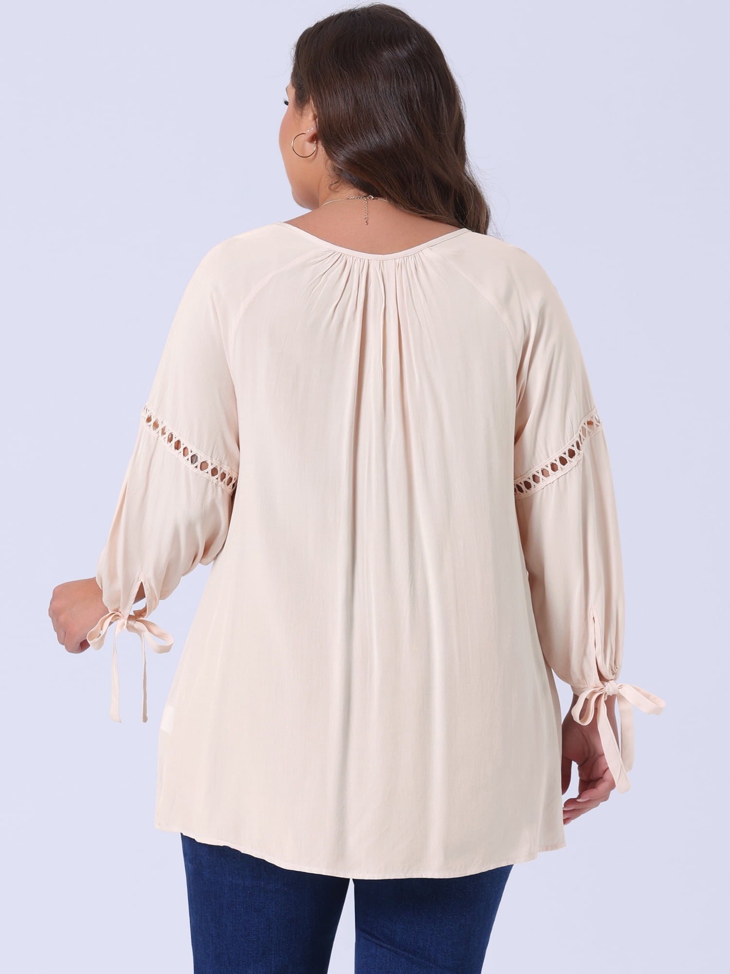 DARING DIVA Women's Plus Tie-Neck Raglan Sleeves Hollow Out Top 2X Beige