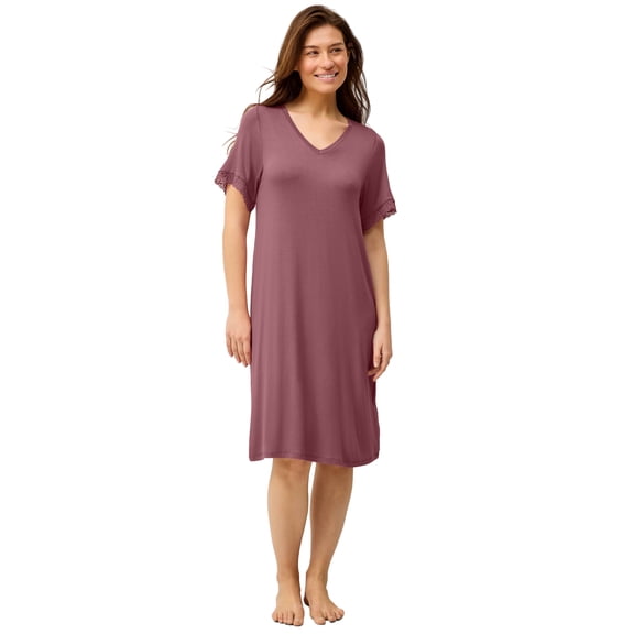 ellos Plus Size Stretch Knit V-Neck Short Sleeve Lace Trim Sleep Shirt