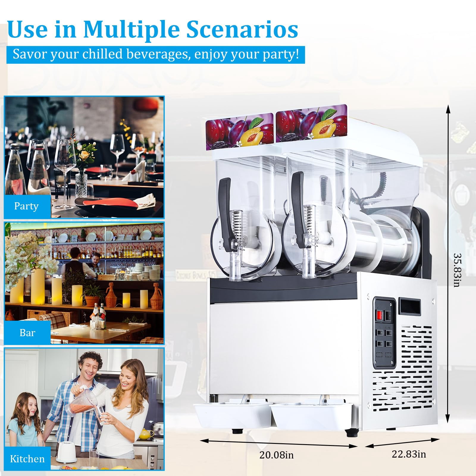 700W Dual Tank Commercial Slushie Machine – 15L x 2, Stainless Steel, Self-Cleaning, High-Speed Frozen Drink Maker for Home or Bar, White