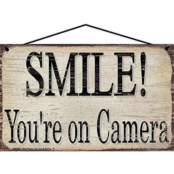 5x8 Smile You're on Camera - Vintage Style Sign, Security Warning, Home & Business Surveillance Décor, Video Doorbell Notice for Front Door Porch Area