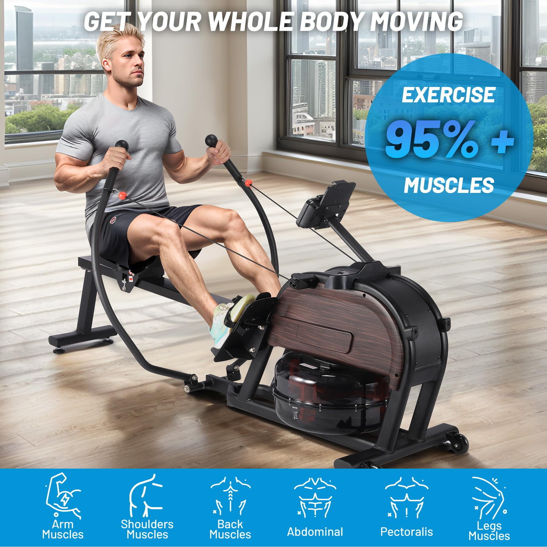 TROPOW Rowing Machines for Home,Dual Magnetic & Water Resistance Rowing Machine w Extended Slide, Full-Body Workout, Low-Impact, Ergonomic Full Motion or Premium Water Motion