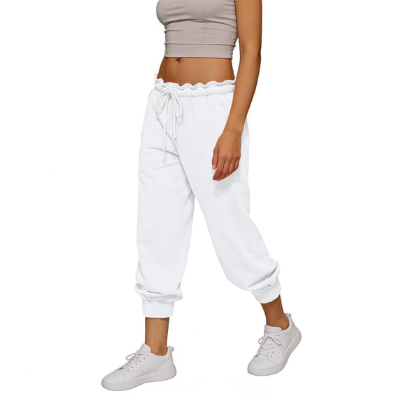 UAMVSH Women's Joggers Pants Ruffle Elastic Waist Yoga Pants Casual Drawstring Stretchy Cropped Trousers with Pockets for Workout Running