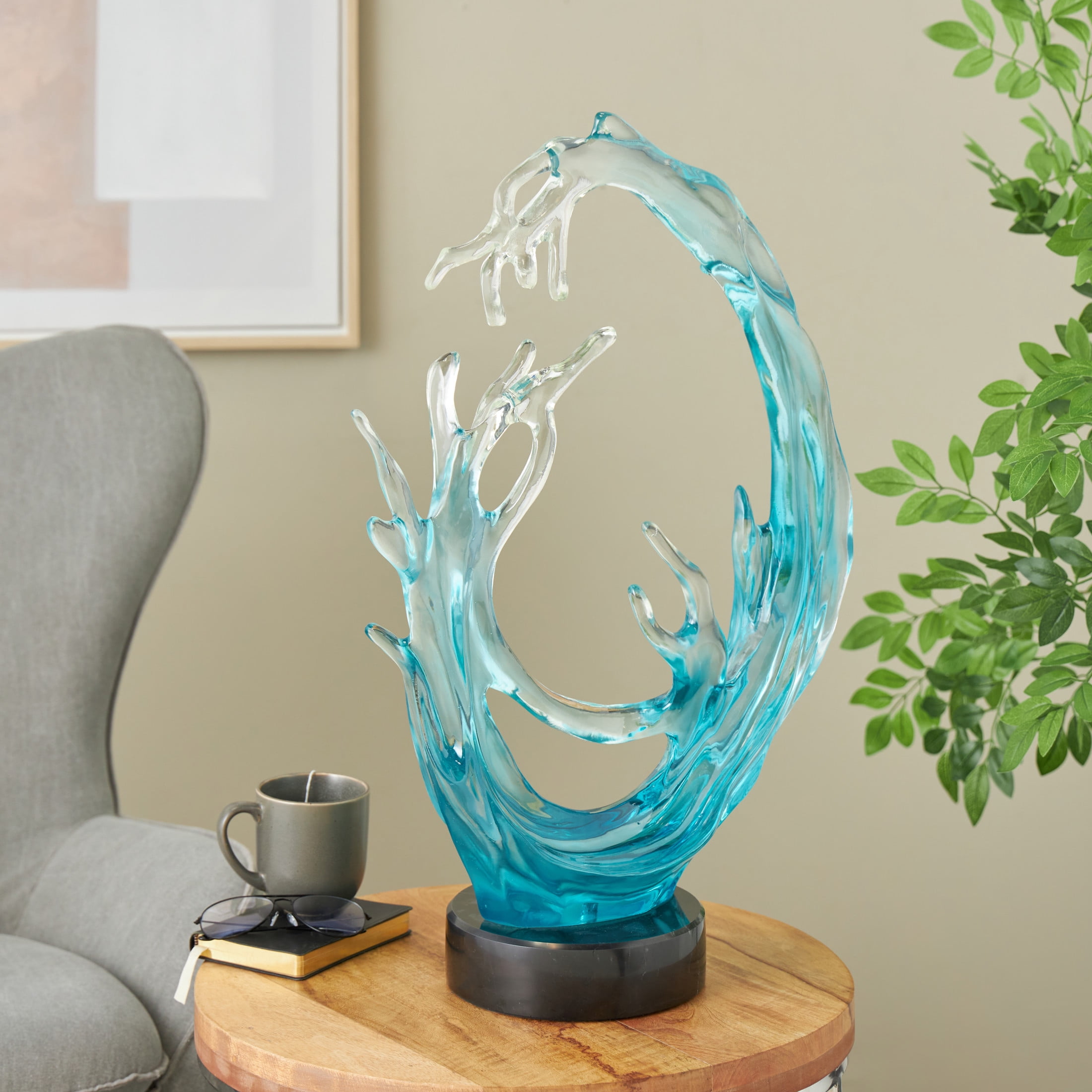 19" x 26" Blue Glass Ombre Coral Sculpture with Black Round Base, by DecMode