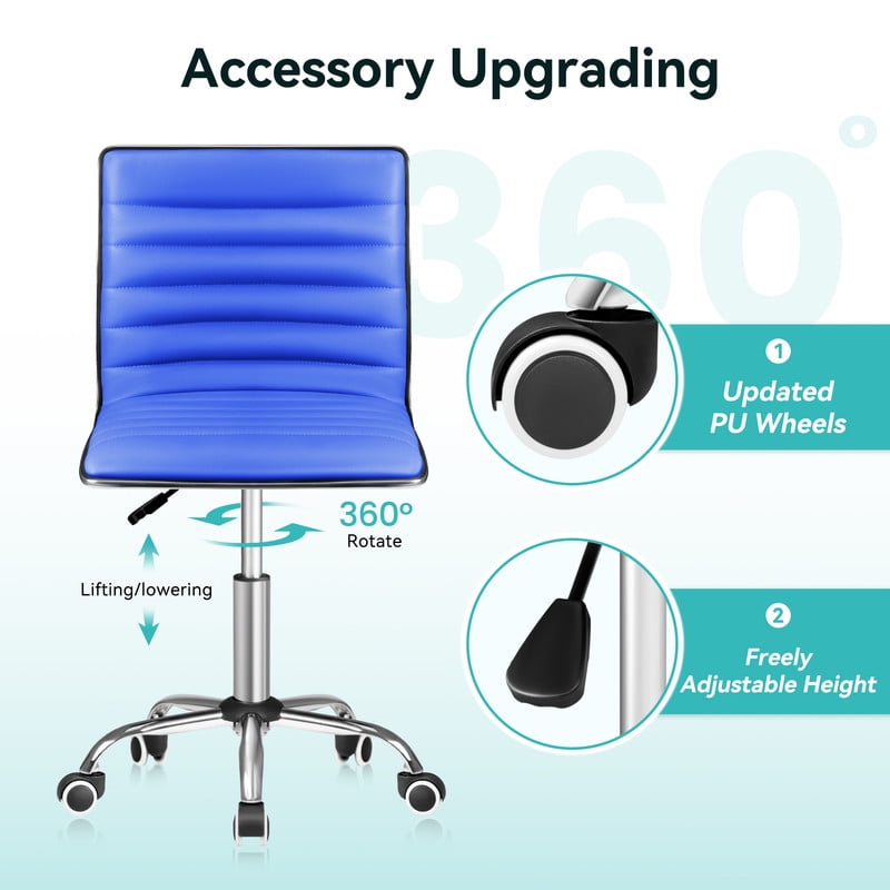 Furmax Leather Swivel Office Chair - Mid Back Vanity Chair for Makeup Desk, Armless Ribbed Task Chair with Ergonomic Support (Blue)
