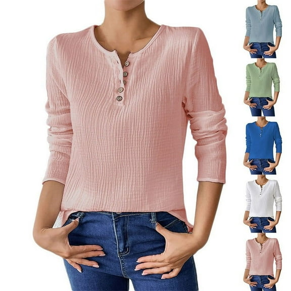 Feancey Summer Tops for Women Lightweight Thin Henley Shirts Button Up Casual Long Sleeve T-Shirts Solid Color Business Work Blouse Blue M