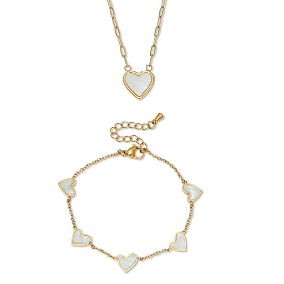 Genuine Mother of Pearl Gold Ion-Plated Stainless Steel Heart Jewelry Set