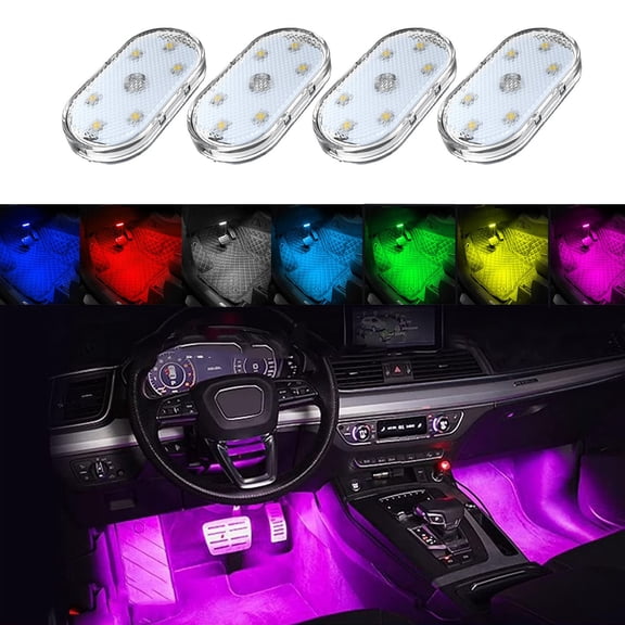 Emlimny 4Pcs Car LED Lights Interior Wireless, 7 Colors Interior Car Lights with 6 Bright LED Lamp Beads, Portable USB Rechargeable Car Interior Led Night Light for Car Decor