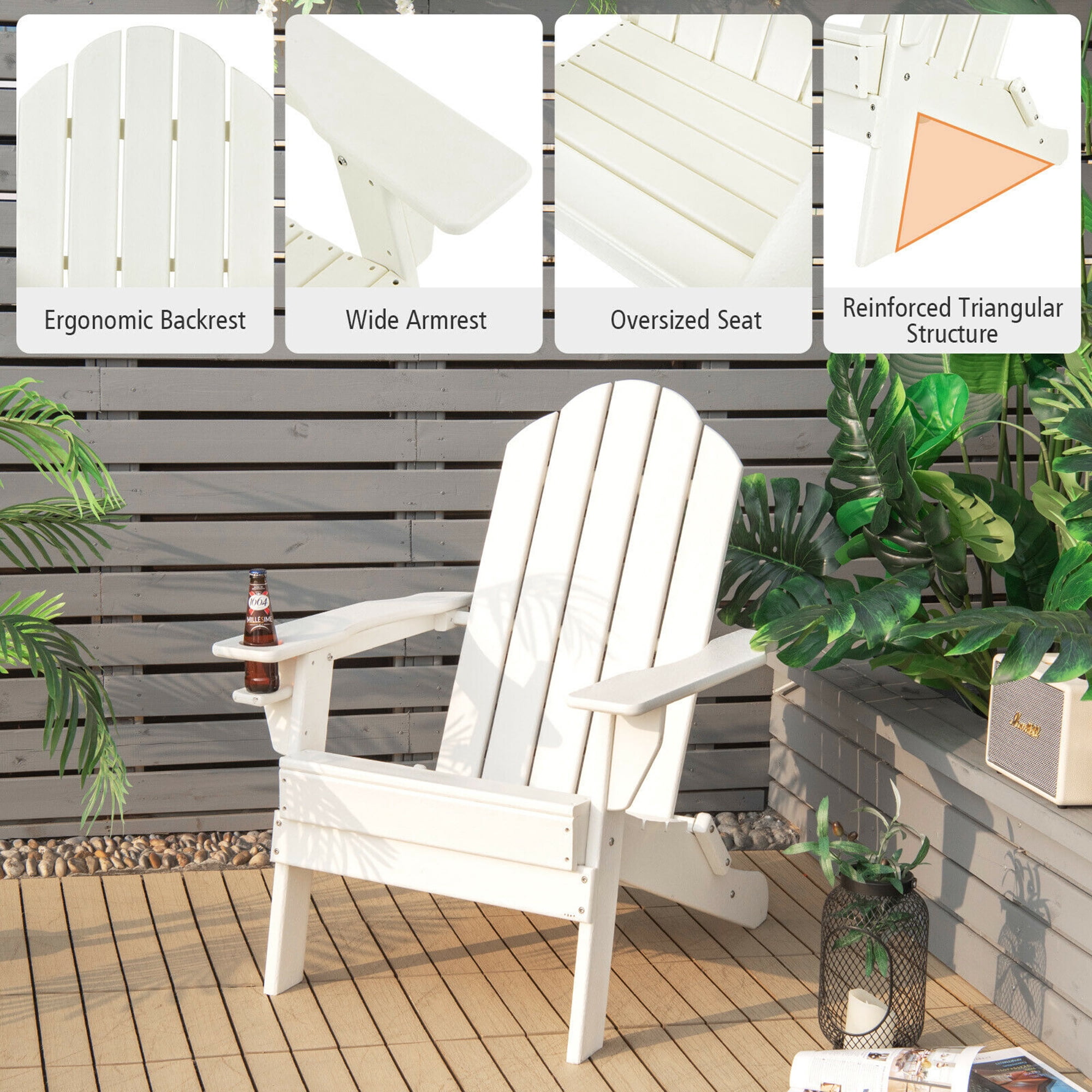 Gymax 2PCS Patio Folding Adirondack Chair Weather Resistant Cup Holder Yard White