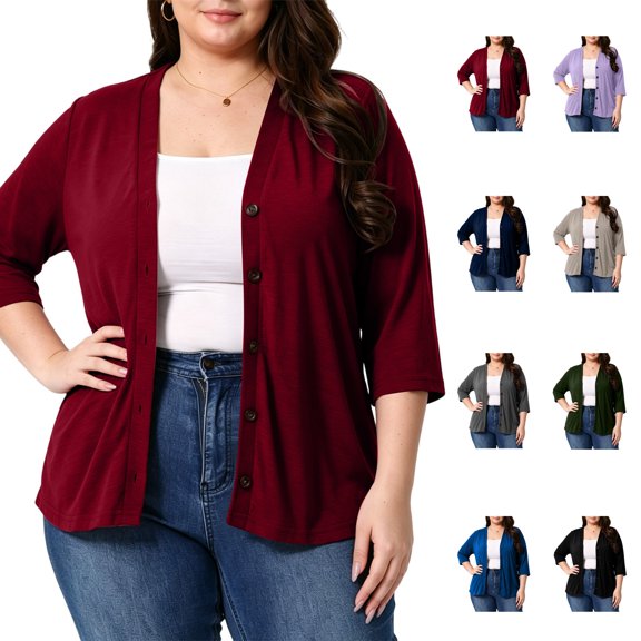Cardigans for Women Classic Solid Color Plus Size Cardigan With Three-quarter Sleeves for Daily Wear