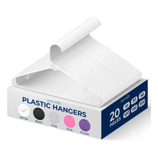 Ganchos de Plastico Premium SereneLife, Antideslizantes, Ahorradores de Espacio, Duraderos y Resistentes, para Camisas, Suéteres, Sudaderas, Abrigos, Pantalones y Vestidos, Blanco, Pack 20