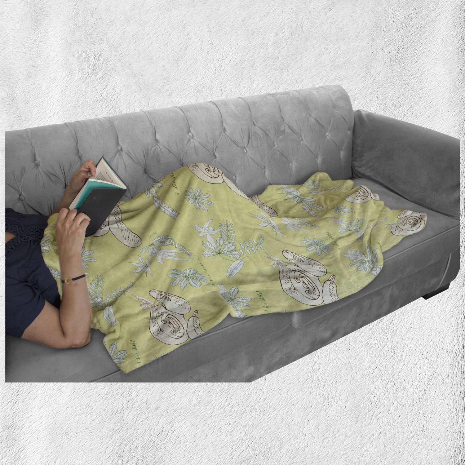 Flannel Fleece Accent Piece Soft Couch Cover for Adults Green Reseda Green Ambesonne Funny Sloth Throw Blanket 50 x 70 Sketch of Lazy Animal I Love Sloths Typography