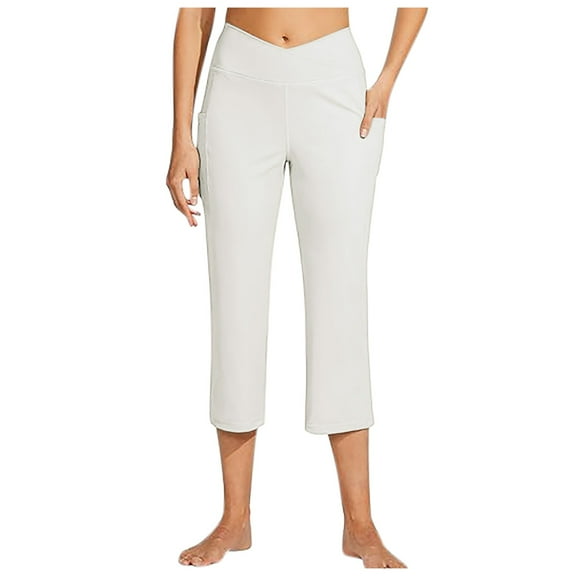 AWZXDE Women's Yoga Pants with Pockets, Tight-Fitting Straight Pants, V-Shaped Mid-High Waist, Casual and Versatile for Sports White,M