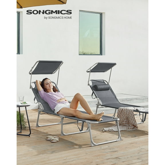 Folding Sun Lounger Chair with Adjustable Canopy & Backrest, 330 lb Capacity Portable Pool Chaise for Outdoor Garden, Dark Gray