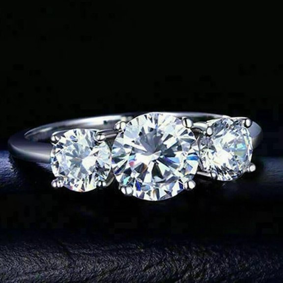 Hitanshu Jewels Round Cut Cubic Zirconia 3-Stone For Womens Band Ring 14K White Gold Plated