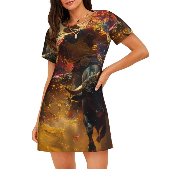 Balery Colorful Bull Western Man Camisón de manga corta con cuello redondo para mujer, cómodo y elegante.