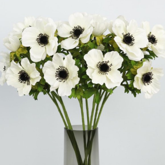 shiyou-White Artificial Anemone Flowers 21.6" Faux Flowers Silk Flowers with Stems Realistic Fake Flowers for Decoration Faux Anemone Artificial Flowers Bulk fo Home Wedding Bouquet 3pack