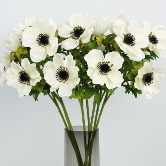 shiyou-White Artificial Anemone Flowers 21.6" Faux Flowers Silk Flowers with Stems Realistic Fake Flowers for Decoration Faux Anemone Artificial Flowers Bulk fo Home Wedding Bouquet 3pack