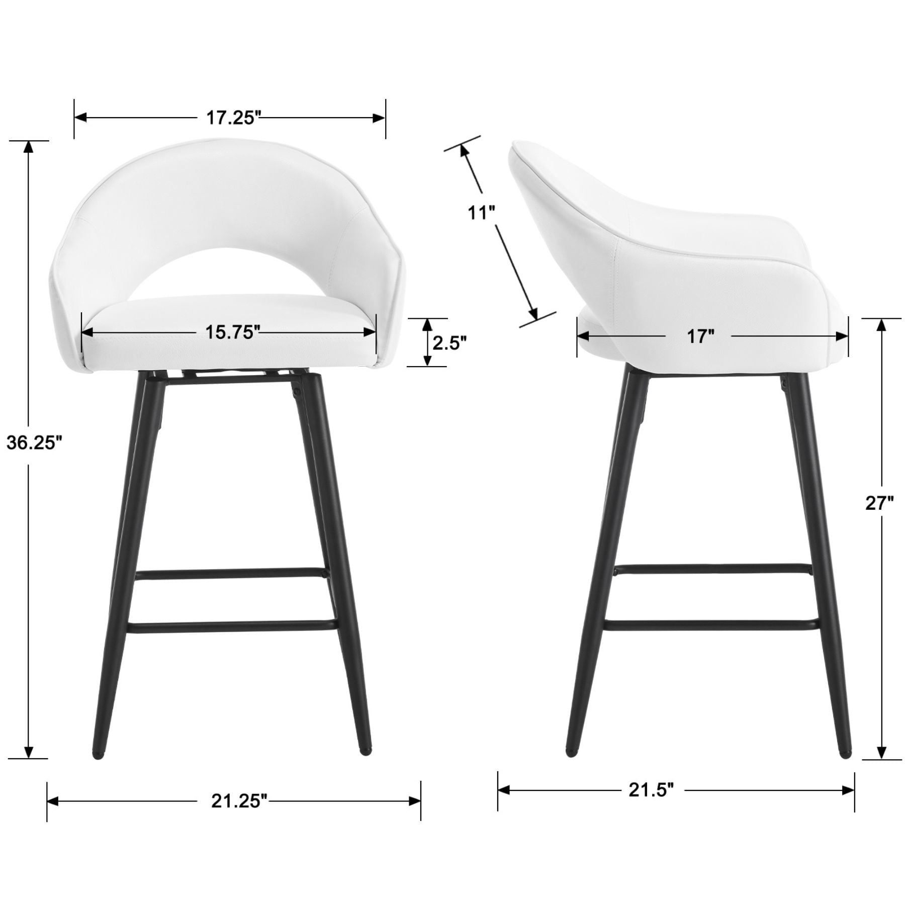 27" Modern Swivel Bar Stools Set of 2, PU Upholstered Counter Height Stools with Metal Legs, Hollow Curved Backrest for Kitchen Island, Home Bar, Bistro,White
