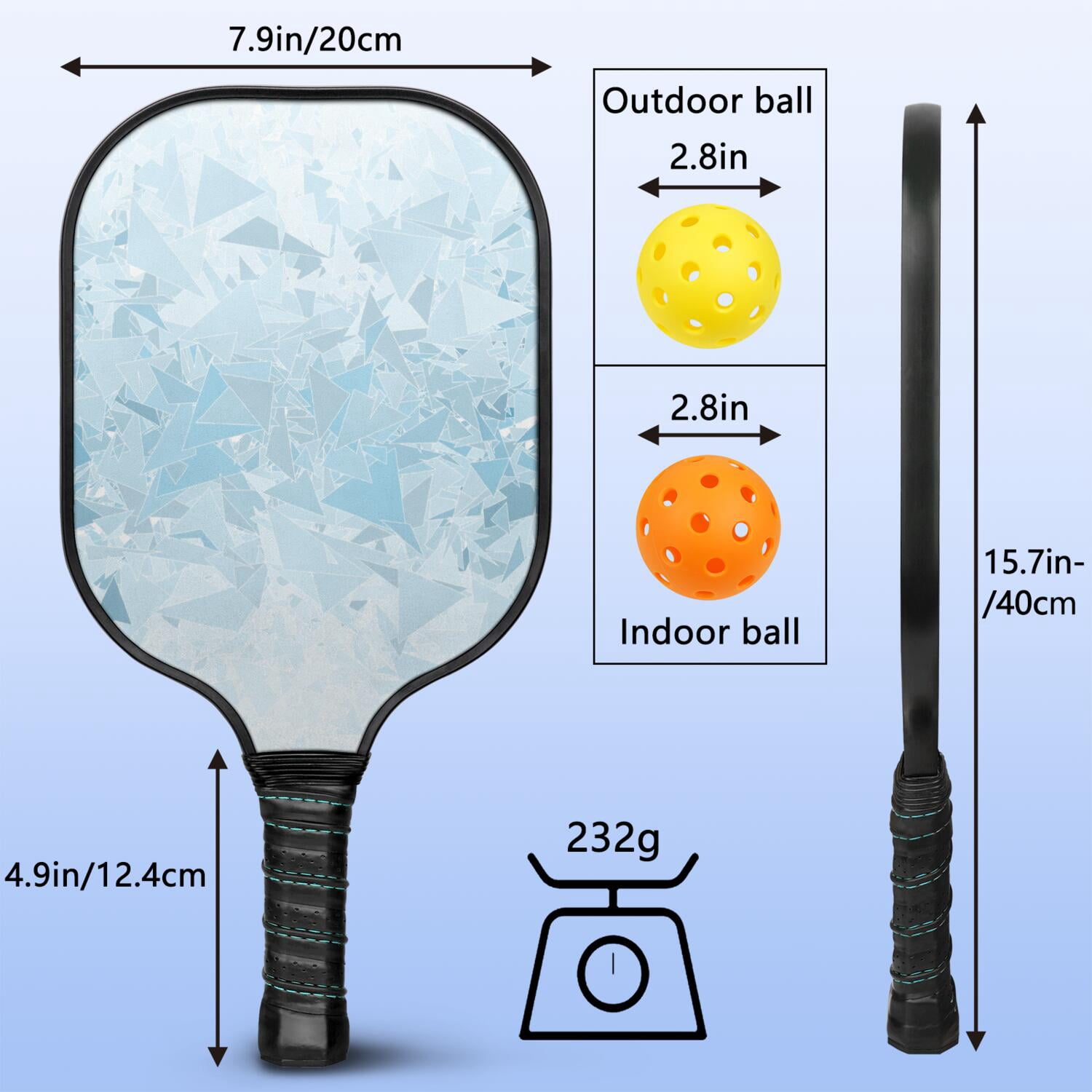 Pickleball Paddles Set Of 1, Fiberglass Surface, Ice Crystal Print, 1 Paddle, 2 Balls & Bag