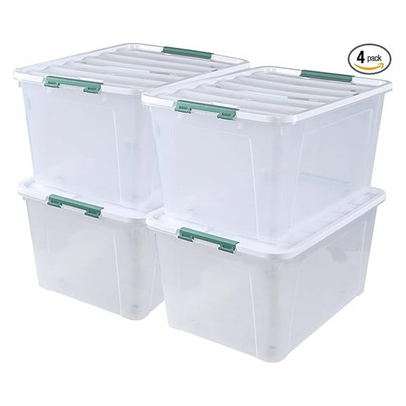 80 Quart Plastic Storage Bins with Lids (4-Pack) - Clear Storage Containers with Wheels - Heavy Duty PP Plastic Bins for Home, Kitchen, Bathroom Organization
